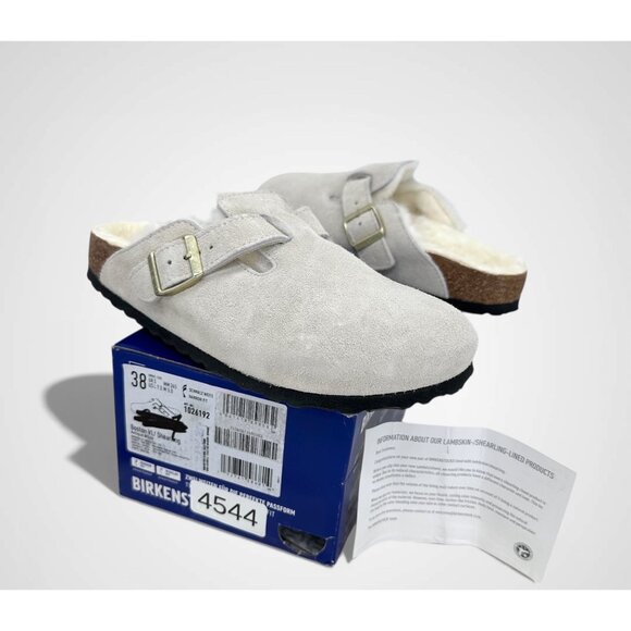 Birkenstock Boston Shearling Suede Clogs Antique White EU 38 Fur Lined - Picture 10 of 16